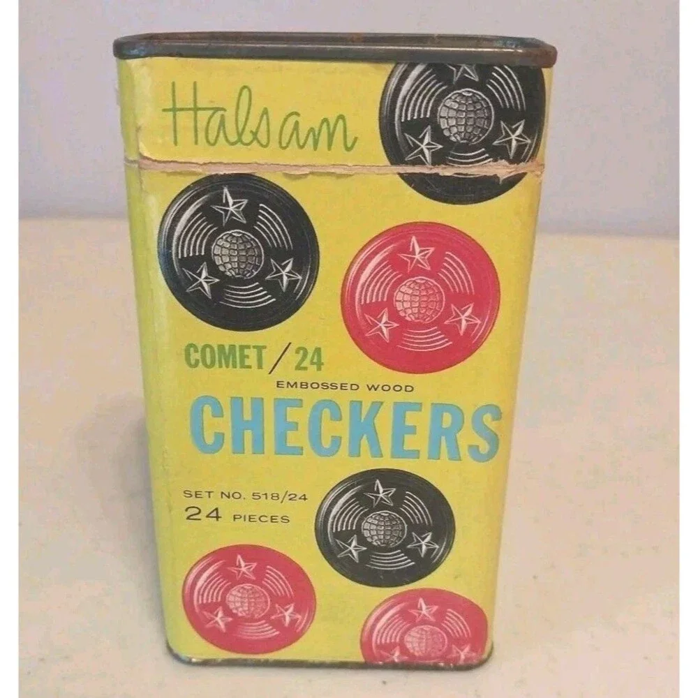 Vintage Halsam Comet 24 Embossed Wood Checkers Tin Box No. 518/24 Chicago USA